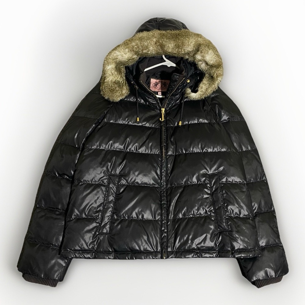 Juicy Couture Quilted Puffer Jacket Faux Fur Hood Women's Medium Black Y2K Money